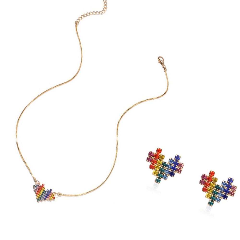 Rainbow Rhinestone Heart Necklace and Earring Set
